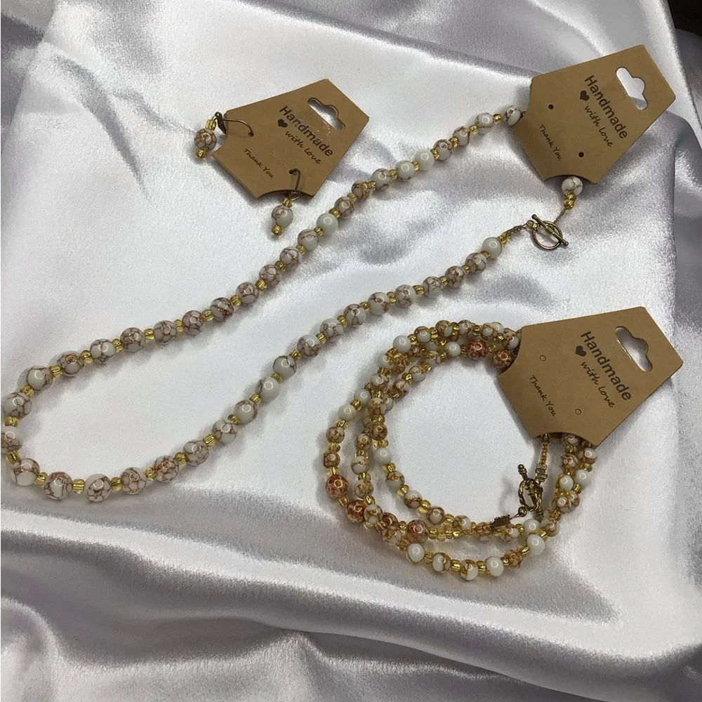 Handmade White and Gold Beaded Necklace, Earring, & Bracelet Set